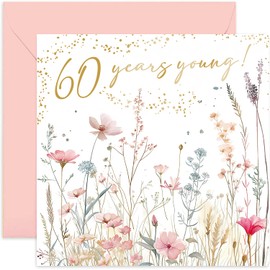 60th Birthday Card for Women - Sixtieth Female Birthday Card - Flower Meadows Gold Foil Detail - Elegant Wonderful Birthday Card for Her - Mum, Auntie, Nana, Granny, Sister