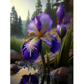 QAZWSX 5D Diamond Painting Art Set, Iris by The Pond, A Gift for Flower Lovers, Suitable for Adult Beginners DIY Diamond Set Wall Decoration 12x16 inch, Purple Flowers