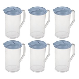 Sterilite 2 Quart Clear Round Plastic Pitcher, Dishwasher Proof with Blue Lid, Spout, and Handle for Easy Pouring, Washed Blue, 6-Pack