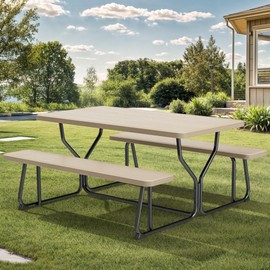 YITAHOME Heavy Duty Outdoor Picnic Table and Bench Set, Weather-Resistant Resin Tabletop & Sturdy Steel Frame, Ideal Picnic Table for Outdoors Patio, Lawn, Yard, Porch, Garden, Light Brown