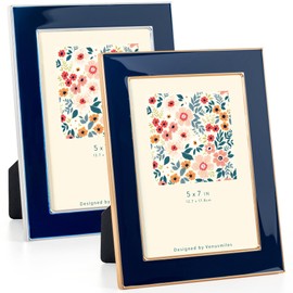 Venusmiles 5x7 Enamel Picture Frame, 2pcs Gold Silver Metal Edge with Easel, Real Glass Photo Frame for Wall and Tabletop Display Family Office Photo Gallery, Blue Enamel