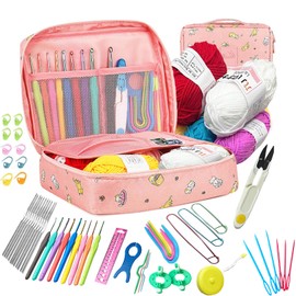 59 Pcs Crochet Hooks Kit Knitting Starter Kit for Adults Ergonomic Crochet Soft Grip Handle Crochet Tools DIY Weave Yarn Kits with Carry Bag Hooks Set for Beginners Adults (Pink)