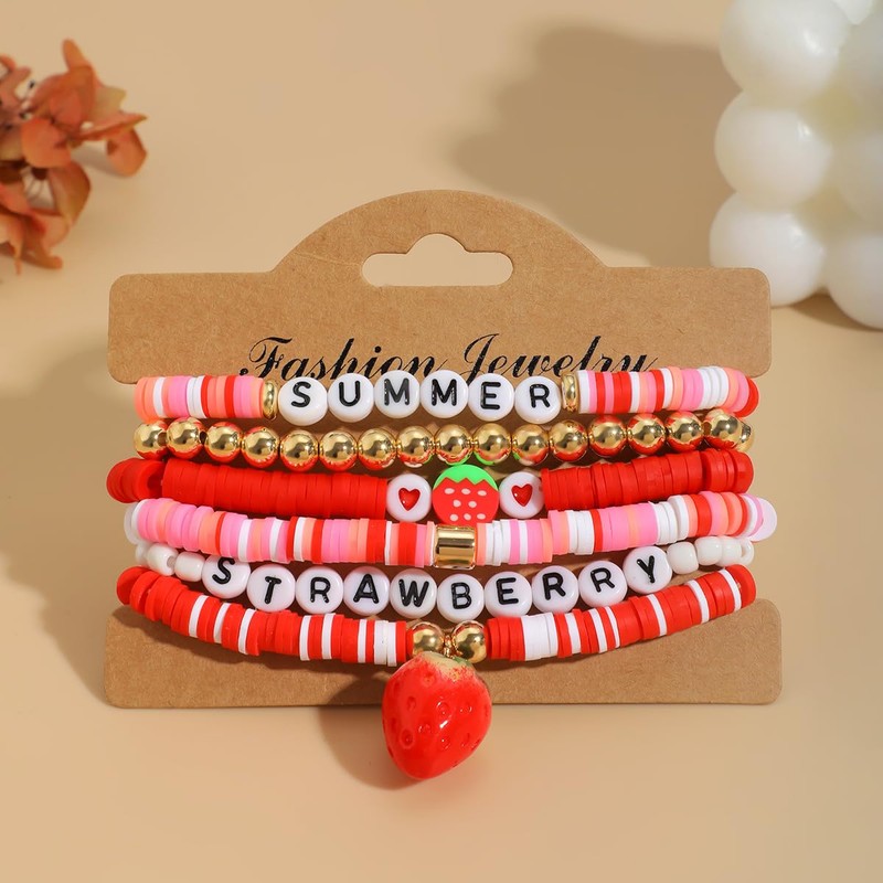 Yecomsy Strawberry Polymer Clay Stacktable Bracelets Colorful Strawberry Heishi Clay