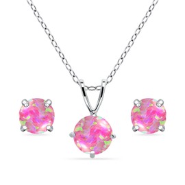 B. BRILLIANT Jewelry Sets for Women Pink Opal Necklace and Earrings Sterling Silver Simulated Gem Round Pendant Necklace & Stud Earrings Birthday