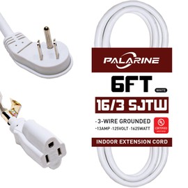 PALARINE Indoor Flat Plug White Extension Cord 6ft, UL Listed, 16/3 SJTW 3 Prong Heavy Duty Extension Cord, 16 Gauge 13A Power Extension Cord for Lights, Appliance, Home, Office