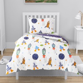 YASMENG Children's Bed Linen 135 x 200 cm Rocket Planet Motif Children's Bed Linen 100% Cotton Reversible Bed Linen 2-Piece for Teenagers Children Boys with Zip and 80 x 80 cm Pillowcase