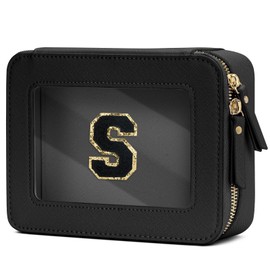 CLOUDWINGS Initial Travel Toiletry Bag - Cosmetic Bags for Girls with Zipper, Clear & Potable Makeup Bag for Travel, Cosmetic Pouch Perfect Gifts for Graduation (Black, S)