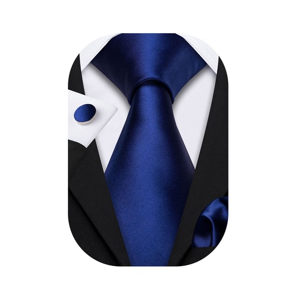 Barry.Wang conjunto de corbata formal de satén de seda para boda, negocios, pañuelo, gemelos de colores sólidos, Azul marino, Talla única