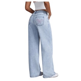 Floerns Women's Bowknot Embroidery Jeans Y2k Straight Leg Boyfriend Denim Pants Light Wash 28