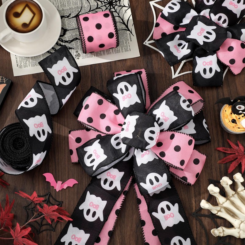 JarThenaAMCS 2 Roll Halloween Wired Edge Ribbon Ghost Boo Polka