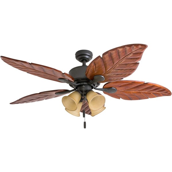Honeywell Ceiling Fans Royal Palm, 52 Inch Tropical LED Ceiling Fan with Light, Pull Chain, Three Mounting Options, Hand Carved Solid Wood Blades - Model 50503-01 (Bronze)