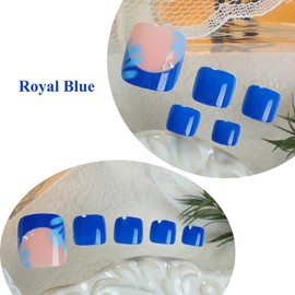 MERVF Press on Nails for Women Royal Blue French Tip Toe Nail Glossy Flower Design Summer 24pcs