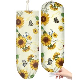 Kokaaee Plastic Bag Holder, Grocery Bag Organizer - Kitchen Dispenser Holders Reusable Shopping Western Hanging Wall with Free Adjustment with Drawstring Closure for Women Home Cute, Sunflower