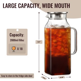 2 Liter/68 oz Square Glass Pitcher with Lid, Classic Stripes Water Pitchers with Handle for Fridge, Large Jug for Iced Tea, Coffee, Borosilicate Glass Carafe for Hot/Cold Brew Drink, Silver