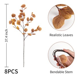 8 Pcs Fall Eucalyptus Leaves Artificial Fall Leaves, Autumn Leaf Fake Fall Flowers Floral Arrangements, Faux Floral Picks Fall Stems for Thanksgiving Table Centerpieces Decor