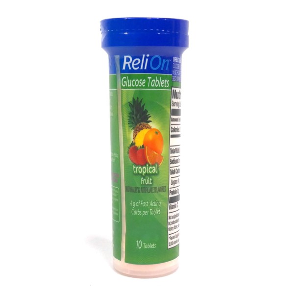 ReliOn Glucose Tropical Fruit Tablets, On-The-Go Tube, 10 Tablets.