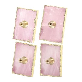 mookaitedecor Set of 4 Natural Rose Quartz Drawer Knobs with Screws, Gold Plated Crystal Cluster Geode Stone Pulls Handles for Dresser Wardrobe Kitchen Cabinet Decoration