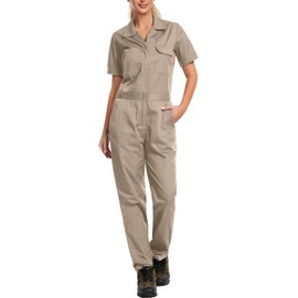 WORK IDEA Women's Short Sleeve Coverall Lightweight Snap-Front Cotton Work Jumpsuit, Khaki, XL