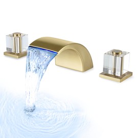HAMOLER 8 Inch 3 Hole Waterfall Bathroom Sink Faucet with Dual Crystal Handle Lavatory Vanity Faucets Crystal Sink Faucet Waterfall Basin Mixer Tap, Brushed Gold