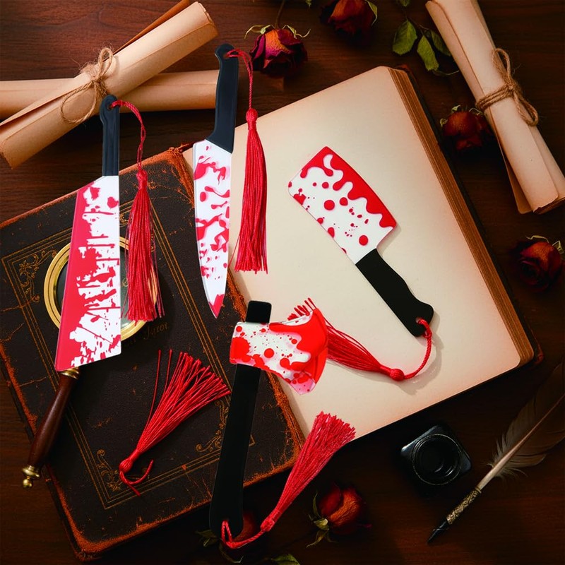 Horror Knife Acrylic Bookmark Set, Tassel Bookmarks for Halloween Fans