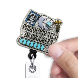 KANGYUSO Funny Rad Tech Student Retractable Badge Reel, Radiology Tech in Progress Silver Glitter Badge Reel with Clip, Funny ID Card Holder Gifts for Radiology Technologist Nurse Medical Graduates