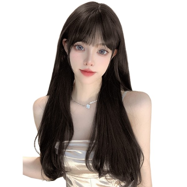 BARSDAR Wig, Long, Curly Hair, Inner Color, Full Wig, Wave, Natural, Patty Bangs, Wig, Small Face, Heat Resistant, Stylish, Halloween, Costume, Women's Wig with Hair Net/Comb (Black Brown)