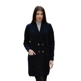 SAOL Women's Aran Double Breasted Collar Coat 100% Merino Wool Cardigan in Grey/Navy, navy
