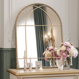 Wiserset Arched Gold Antique Mirror, 24" x 40" Arch Windowpane Mirror with Beaded Metal Frame, Vintage Gold Arch Mirror, Decorative Wall Mirror for Living Room, Mantel, Bedroom, Entryway