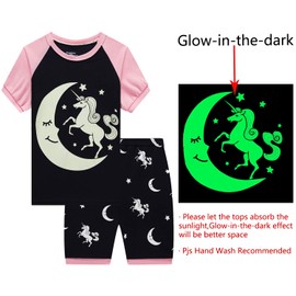 Little Girls Glow in Dark Unicorn Pajamas 2 Piece Short Sets 100% Cotton Sleepwear Toddler Clothes Moon Style Baby PJs (Navy Unicorn-6304-2T)