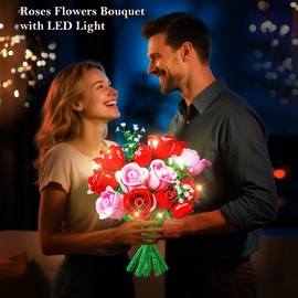 HOGOKIDS Flowers Bouquet Building Set with Lights - 16 Roses Bouquet Botanical Building Blocks Artificial Red Roses Flower for Home Decor Christmas Birthday Gifts for Girls Adults - 387PCS (PINK)