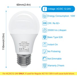 ORALUCE 12V LED Light Bulb Low Voltage,AC/DC 12-24V A19 E26 LED Bulb 100 Watt,3000K Warm White 12 Volt Light Bulb 10W,for Solar Battery System Lighting Marine Boat RV Camping Landscape Garden,6P