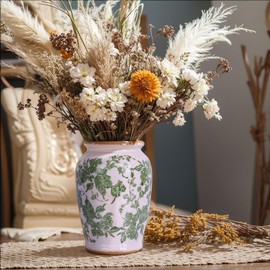 Rustic Farmhouse Green Floral Vase, 7.9in Vintage Ice-Cracked Ceramic Pottery Vase, Chinoiserie Decor Vase for Home, Kitchen, Bedroom, Living Room, Office, Bathroom, Shelf & Table Centerpiece Decor