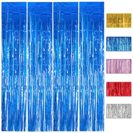 4 Pack Metallic Tinsel Foil Fringe Curtains for Birthday, Wedding Party or Photo Booth Decorations (blue)