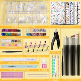 Teenitor Fake Nails Kit, Press On Nail Supplies Clear Coffin Nail Tips With Nail Stand, Nail Art Brushes, Nail Dotting Pen, Nail Glitter Sequins,Nail Stickers, Nail Art Rhinestones