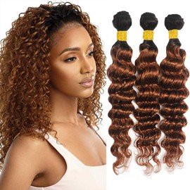 Brown Deep Wave Human Hair Bundles 1B/30 Deep Wave Ombre Bundles Human Hair 10 12 14 Inch Ultra Soft No Tangle Unprocessed Brazilian Remy Hair Extensions Double Weft
