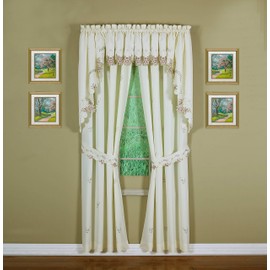 Today's Curtain Verona Reverse Embroidery Panel Pair and Tiebacks, 63", Ecru/Rose, 80" W X 63" L