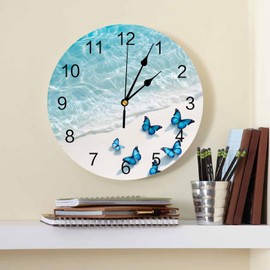 CosyBright Blue Butterfly Waves Silent PVC Wall Clock 10 Inch Round Ocean Beach Hanging Clock for Kitchen Non Ticking Battery Operated Living Room Mute Clock