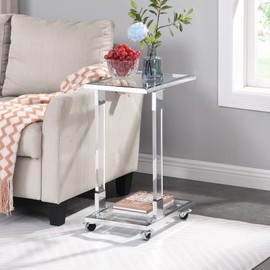 Yoluckea Mobile Sofa Side Table Acrylic End Table C Shaped Snack Table On Wheels with Tempered Glass Shelves and Clear Acrylic Frame, Clear Rolling Table Breakfast Tray Table (Silver)
