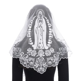 Bozidol Church Catholic Veils for Women, Triangle White Virgin Mary Embroidered Lace Mantilla Chapel Veil, Latin Mass Prayer Scarf Head Coverings with Clips