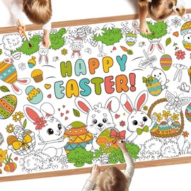Giant Easter Coloring Poster - Large Happy Easter Coloring Tablecloth for Kids, Jumbo Cute Bunny Paper Colorable Table Cloth Banner for Kids Gifts Activities Games Party Favors Crafts, 31 x 72 Inch