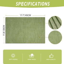 AUAUY Table Mats Set of 6, Non-Slip Heat Resistant Place Mats, PVC Washable Table Placemats for Kitchen Dinning Restaurant, Place Mats for Table, 30x45cm/11.8x17.7in (Green)
