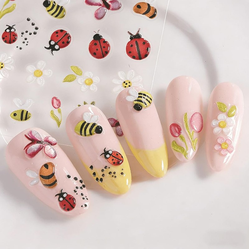 5D Embossed Bee Nail Stickers Cute Daisy Floral Lady Bug