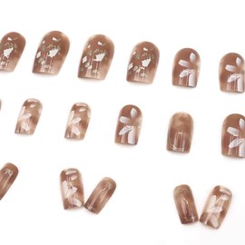 YAOBFFCAS Women's Summer French Coffin Press on Nails, White Flower Design Square Fake Nails, Fashion Glue on False Nails, Gel Press on Nails Medium for Wedding and Party - Light Brown