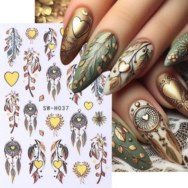 Fall Nail Art Stickers 3D Dreamcatcher Nail Stickers 6PCS Autumn Leaves Glitter Plant Cute Cartoon Owl 3D Self-Adhesive Nail Art Design Nail Decals for Acrylic Nails Fall Winter Manicure Decorations