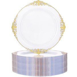 Nervure 100PCS Clear and Gold Plastic Plates - 10.25Inch Gold Disposable Plates - Heavyweight Dinner Plate for Wedding & Party & Holiday