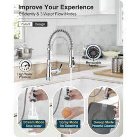 HOIGY Chrome Kitchen Sink Faucet with Sprayer, 3-Function Single Hole Kitchen Faucets 3 Hole, Single Handle Modern Kitchen Faucet, 360 Degree Swivel Spring Faucet for Kitchen Sink with Deck Plate