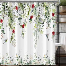 Visioun Sage Green Eucalyptus Leaves Red Burgundy Floral Shower Curtain for Bathroom 72W*72H Inch Hummingbird Spring Bathtub Decor Farmhouse Botanical Waterproof Polyester Fabric Set with 12 Hooks