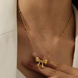 Episkeyk Heart Necklace Bow Necklace Gold Necklace For Women Titanium Steel 14k Gold Plated Necklace Fashion Simple Gold Jewelry For Women Gift (bow tie)