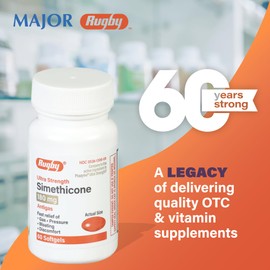 RUGBY LABORATORIES Rugby Ultra Strength Simethicone Gas Relief 180 mg - Maximum Gas Relief for Adults - May Help with Symptoms of Flatulence, Bloating, Gas Fullness - 60 Softgels (2 Pack)