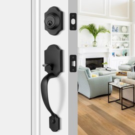 LOQRON Heavy Duty Front Door Handle Set Matte Black Entrance Handle Set Classic Front Door Set Single Cylinder Deadbolt and Knob, Half Grip Round Knob Reversible for Right & Left Handed Doors